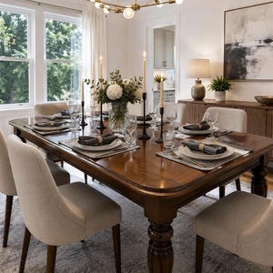 May include: A rectangular dark wood dining table with turned legs, surrounded by six upholstered beige chairs. The table is set with white plates, grey napkins, gold napkin rings, clear glassware, and tall taper candles in black holders.