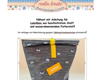 DIY Nähset maritime LUNCHBAG, Lunchbox PAPIERSCHIFF, Segelschiff, Segelboot, Brotzeitbeutel, Vespertüte nähen,Stoffpaket Wachstuch, bestickt