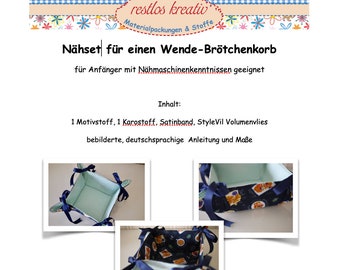 DIY Nähset Wende-Brötchenkorb CROISSANTS dunkelblau-bunt, Stoffpaket für Stoffkorb, Stoffkörbchen, Utensilo aus Stoff