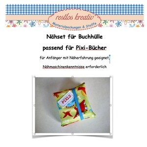 Op de afbeelding: Een naaiset voor een boekomslag, geschikt voor Pixi-boeken. Het patroon is geschikt voor beginners met naai-ervaring en vereist een naaimachine. De afbeelding toont een afgewerkte boekomslag met een kleurrijke dinosaurusprint.