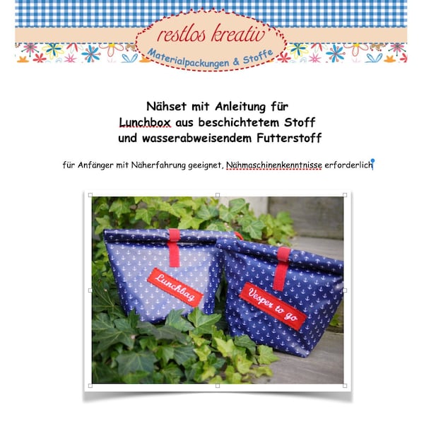 DIY Nähset maritime LUNCHBAG, Lunchbox ANKER, dunkelblau, Brotzeitbeutel, Vespertüte nähen,Stoffpaket Wachstuch, bestickt