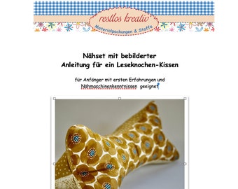 DIY Nähset LESEKNOCHEN Kissen Blumen, geblümtes Nackenkissen senfgelb, Nähpaket Kissen, Stoffpaket, Anleitung, Schnittmuster