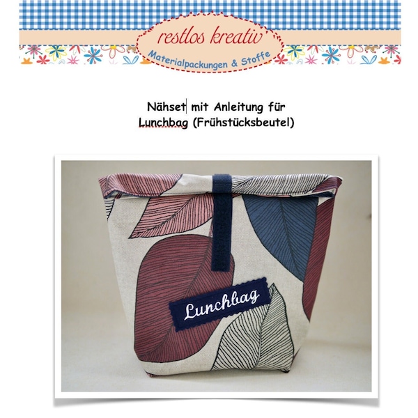 DIY Nähset LUNCHBAG Blätter mit gesticktem Aufnäher - personalisiert, Tasche aus laminiertem Stoff, Stoffpaket Wachstuch