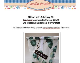 DIY Nähset LUNCHBAG Lunchbox Eukalyptus Brotzeitbeutel Pausenbrot-, Vespertüte nähen, Stoffpaket Wachstuch mit gesticktem Aufnäher