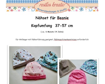 DIY Nähset Wende-Beanie Kindermütze, KU 37-57 cm, versch. Muster, Kinder Beanie nähen, Stoffpaket für Kinder Mütze