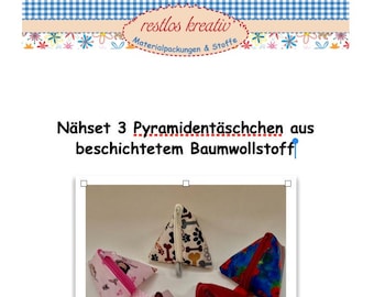 DIY sewing kit for 3 small pyramid bags, made of water-repellent fabric, coated cotton, various motifs