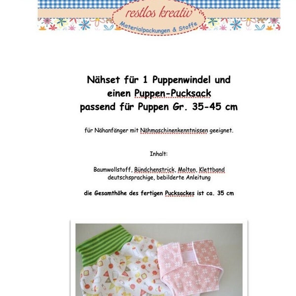 DIY Nähset Pucksack und Windel für Puppen Gr. 35-45 cm, Puppenkleidung nähen, Nähset Puppenschlafsack, Geschenk nähen