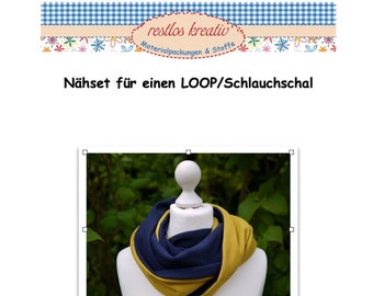 DIY sewing kit LOOP dark blue-yellow, fabric package for tube scarf, waffle piqué jersey, sew your own loop, fabric package jersey