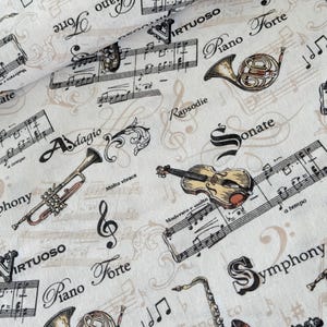 Tessuto di cotone HILCO VIRTUOSE da 50 cm, tessuto di cotone musica, strumento musicale, note, chiave, sassofono in tessuto, tromba, violino, 160 cm