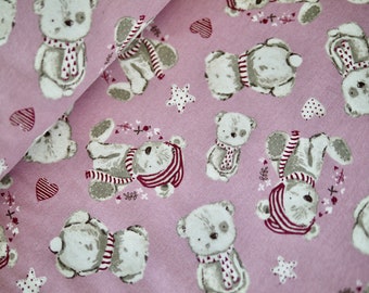 HILCO French Terry/sweatshirt fabric FELPIA, small teddy, bear, teddy bear, children's fabric, dress fabric for girls pink-beige-wine red