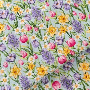 Henry Glass Patchworkstoff HOPPY HUNTING, Stoff Baumwolle, Kombistoff Ostern, Zwiebelblumen Narzissen, Tulpen, Krokus, Hyazinthen