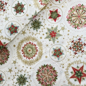 Makower Christmas fabric golden stars, ornaments, Christmas mandala pattern, patchwork fabric Christmas, series Good Tidings, decorative fabric