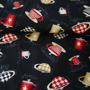 Wilmington patchwork fabric coffee cups, COFFEE ALWAYS, cotton fabric coffee, fabric tableware, cups black red beige image 2