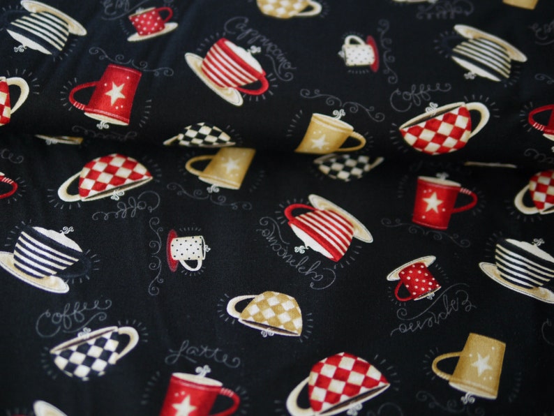 Wilmington patchwork fabric coffee cups, COFFEE ALWAYS, cotton fabric coffee, fabric tableware, cups black red beige image 2