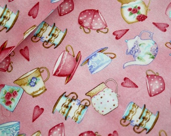 50 cm Henry Glass tela patchwork Tweets and Treats tazas y jarras tela de algodón vajilla vintage rosa colorido