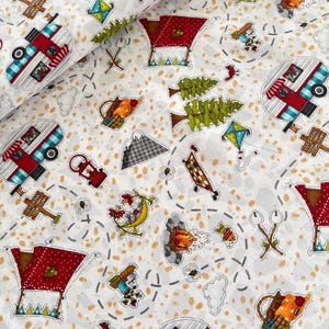 May include: White fabric with a repeating pattern of camping themed illustrations. The pattern includes a red and white camper, a red and white tent, a campfire, a mountain, a tree, a fishing rod, a picnic basket, a bird, a bee, and a cloud. The background is a light beige with small brown dots.