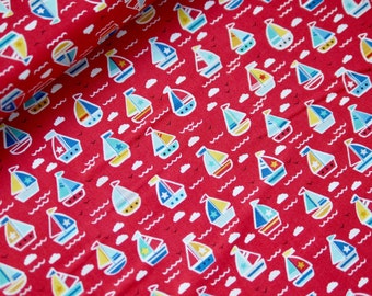 Makower patchwork fabric POOL PARTY sailing ships, maritime children's fabric, cotton fabric sailboat, boat, ship, red-colorful