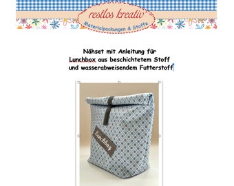 DIY Nähset maritime LUNCHBAG, Lunchbox , Pausenbrot Beutel nähen, Stoffpaket Wachstuch, mit gesticktem Aufnäher, geometrische Muster