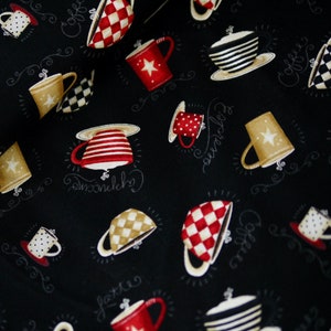 Wilmington patchwork fabric coffee cups, COFFEE ALWAYS, cotton fabric coffee, fabric tableware, cups black red beige image 1