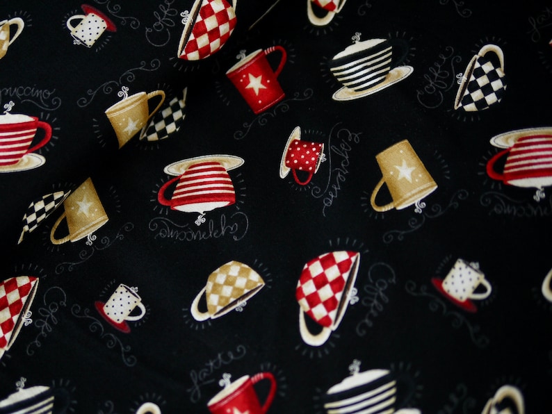 Wilmington patchwork fabric coffee cups, COFFEE ALWAYS, cotton fabric coffee, fabric tableware, cups black red beige image 1