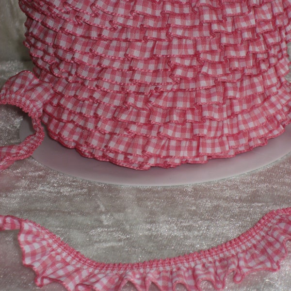 5 m rosa-weiß kariertes Veno Rüschenband, elastisches Zierband für Kleidung, Accessoires