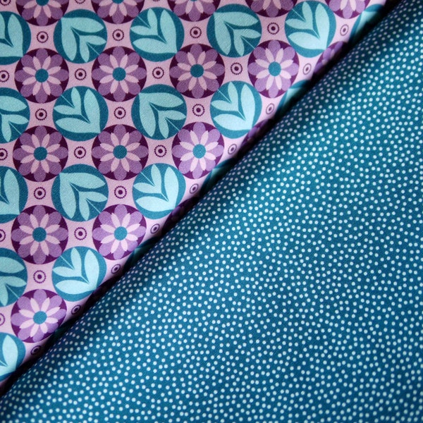 Paquet de tissus HILCO série de tissus en coton Fantasia et Emilie, floral, fleurs et pois turquoise-rose-aubergine, paquet de tissus, tissu décoratif