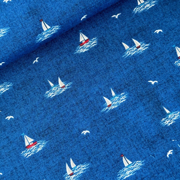 maritimer Makower Patchworkstoff Serie NAUTICAL, kleine Segelschiffe, Segelboote, Yachten, Möwen, maritimer Dekostoff Schiffe, dunkelblau