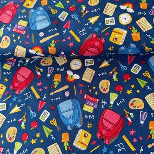 Andover Patchwork Fabric School – BACK to SCHOOL Series - Children's Fabric School Bag Motif | Blue and Multicolored Cotton Fabric | Fabric for Starting School