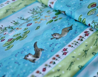 Henry Glass patchwork fabric "River Romp", border fabric, otter, fish, turtle, frog, children's fabric, cotton fabric for baby blanket