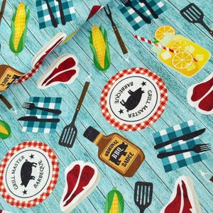 Miller Patchwork-tyg BÄSTA BBQ någonsin, bomullstyg grillning, grillat kött, majskolv, grilltyg, bordsunderlägg, sömnad av ett grillförkläde