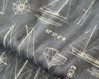 Miller patchwork fabric BON VOYAGE maritime sailing ships, yachts, sailing boat, nautic, nautical charts jeans blue-white, maritime cotton fabric