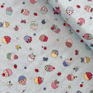 Tessuto patchwork Makower AFTERNOON TEA, fragole, ciliegie, muffin, cupcake, tessuto di cotone, tessuto decorativo, tessuto di frutta, piccoli motivi