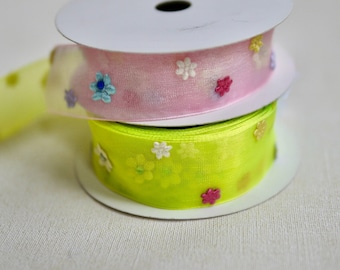 decorative organza ribbon with small flowers - pink or green, decorative ribbon spring, decorative ribbon, gift ribbon