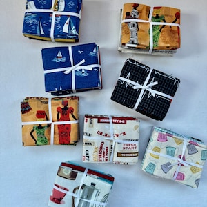 Small fabric packages of patchwork fabric, 4 fabrics each 25 x 55 cm, cotton fabric, decorative fabric, maritime, sailing ship, sewing machine, ECG, coffee, Africa