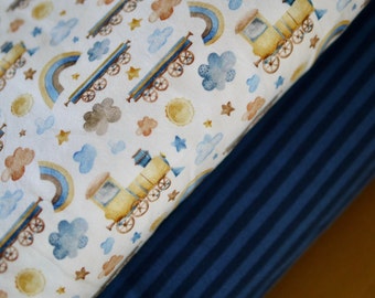 Pacchetto di tessuti Miss Julie Jersey RAILWAY e jersey a righe blu, jersey a righe, tessuto per abiti da bambino, tessuto per bambini, tessuto per cappelli