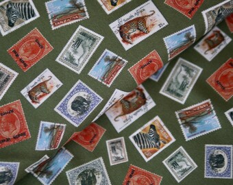 Miller Patchworkstoff, Serie SAFARI, Dekostoff, Baumwollstoff Briefmarken Motiv afrikanische Tiere, Leopard, Zebra, Elefant, Stoff Südafrika