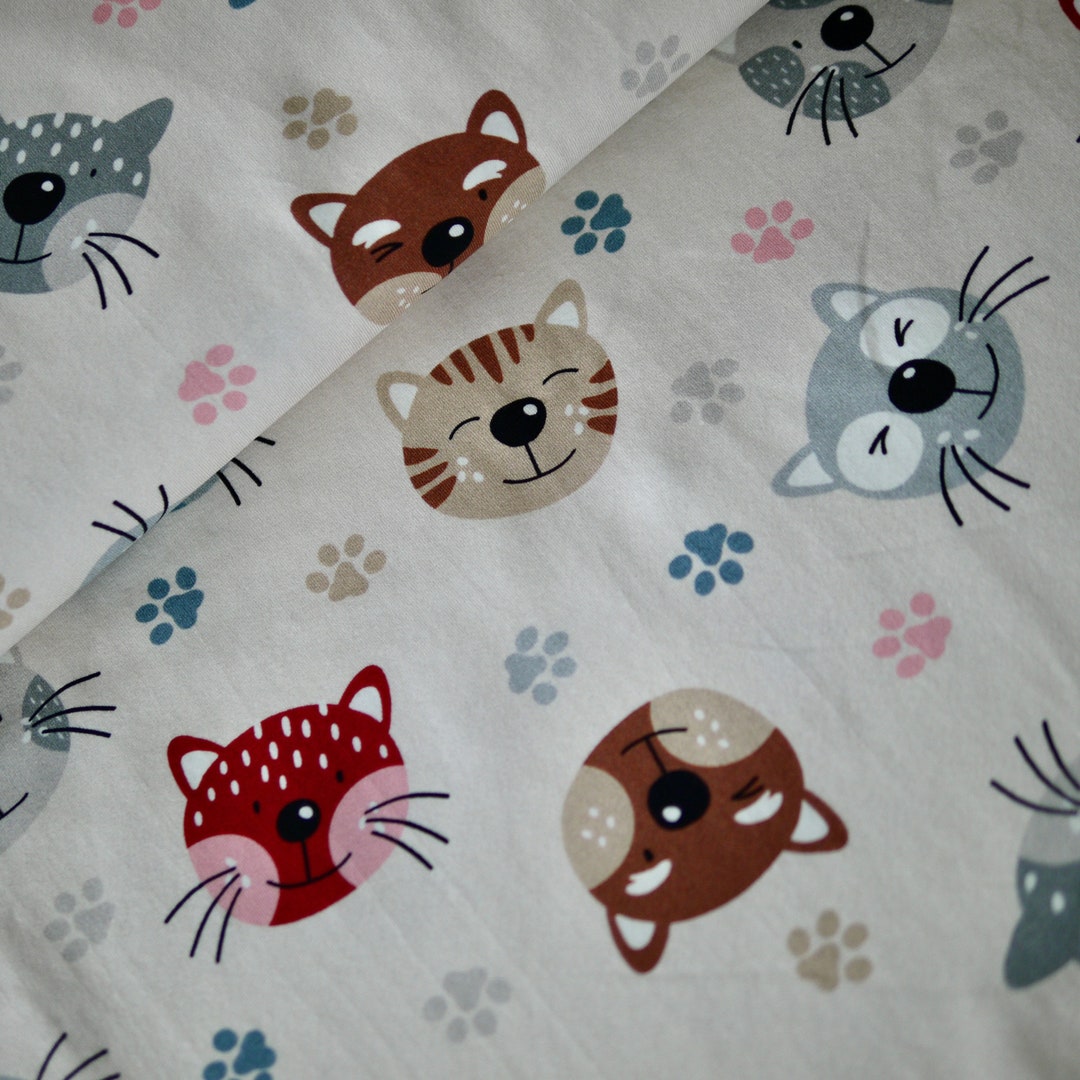 Hilco Jersey CATS Children's Fabric Beigecolorful, Cat Heads, Fabric