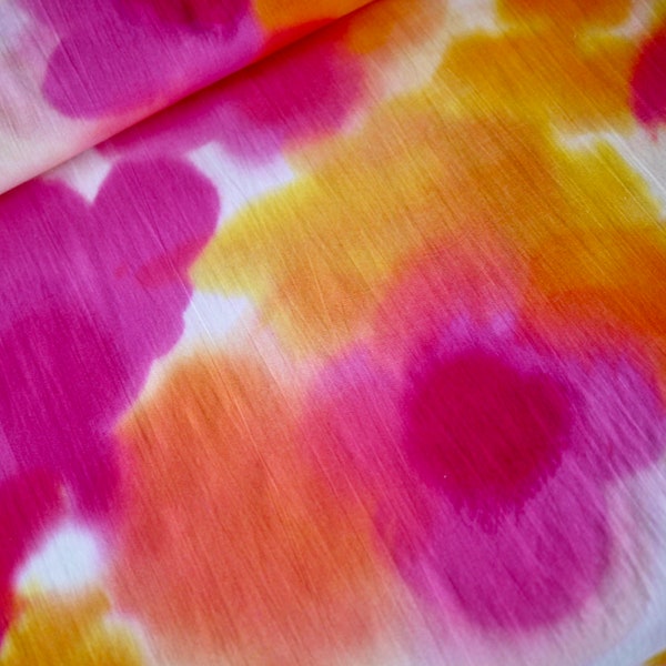 HILCO tissu en coton pour femme ASJA batik coloré, tissu en coton motif batik orange-jaune-rose, tissu pour robe pour femme, tissu pour chemisier en coton