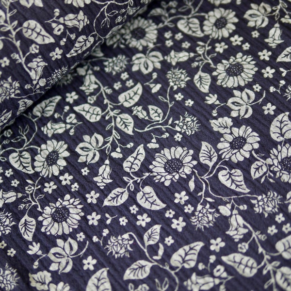 Cotton muslin SUNFLOWER, muslin fabric, double gauze, flowers dark blue-light blue for clothing, cloths and accessories