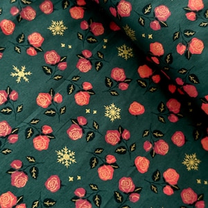 Christmas cotton fabric roses, snowflakes, frost flower, Christmas fabric, Christmas fabric, decorative fabric petrol-red-gold