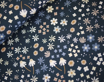 HILCO French Terry flores HORSE FLOWER, tela de sudor floral, tela para niños, tela de ropa, jersey de invierno azul oscuro colorido
