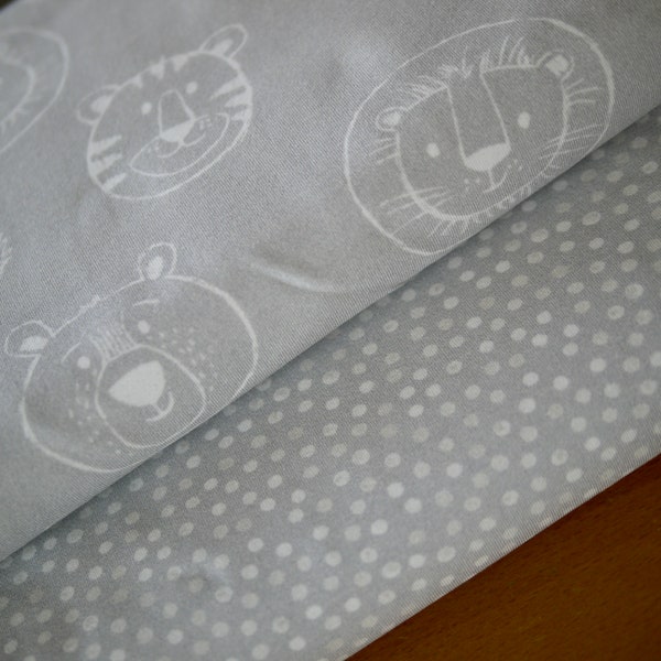 Fabric package HILCO Jersey Baby Face, gray, animal heads panda, tiger, lion, bear and jersey fabric dots gray, fabric combination, children's fabric