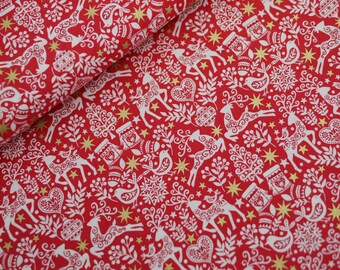 Makower Patchworkstoff SCANDI Rentiere, Vögel, Nikolausstiefel, Weihnachtsstoff skandinavische Muster, rot weiß gold