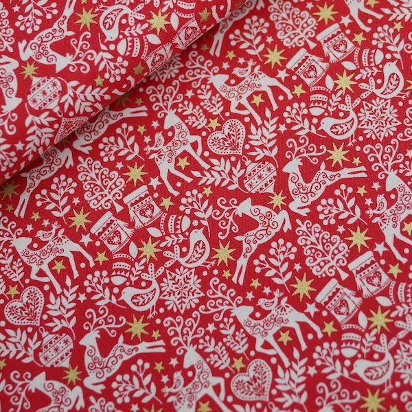 Makower patchwork fabric SCANDI reindeer, birds, Santa boots, Christmas fabric Scandinavian patterns, red white gold