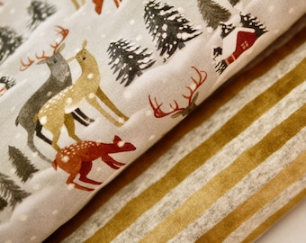 Fabric package HILCO sweat fabric forest animals series White Season children's fabric French terry deer forest fir snow with stripes jersey striped jersey