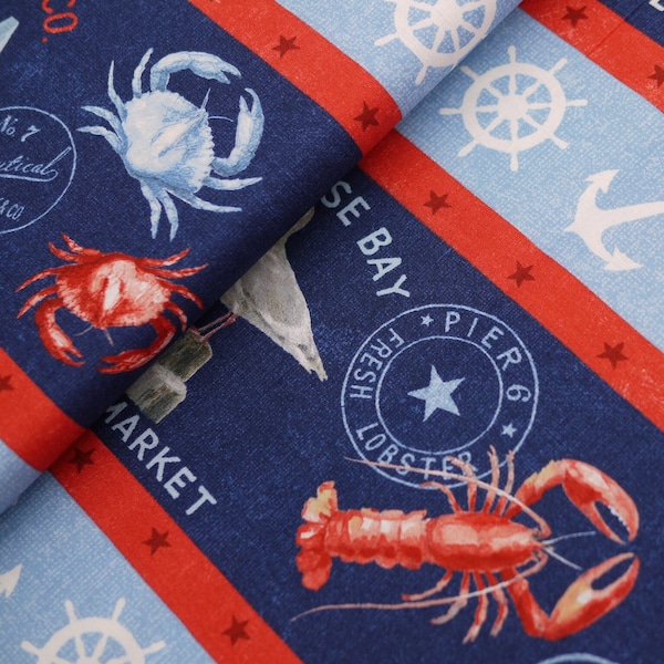 Wilmington patchwork fabric AT the HELM, maritime cotton fabric, border fabric sailing ships anchor, whale, seagull