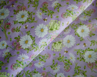 Wilmington patchwork fabric flowers, The Art Of Beekeeping series, bees and daisies, clover, clover flowers, insect willow, lilac white colorful