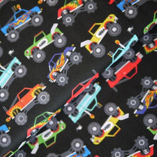 Tissu patchwork Makower MONSTER MASH Monster Trucks, noir-coloré, tissu pour enfants, voitures en tissu, chambre d'enfant aménagée, tissu d'oreiller