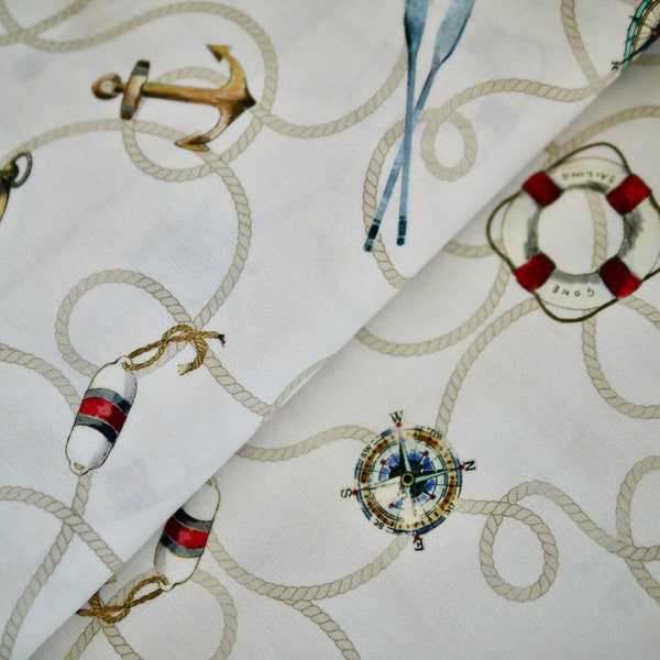 Tessuto patchwork Miller WORLD TRAVELLER corde, parabordi, corda, pagaie, tessuto di cotone marittimo, tessuto decorativo, allestire una stanza marittima
