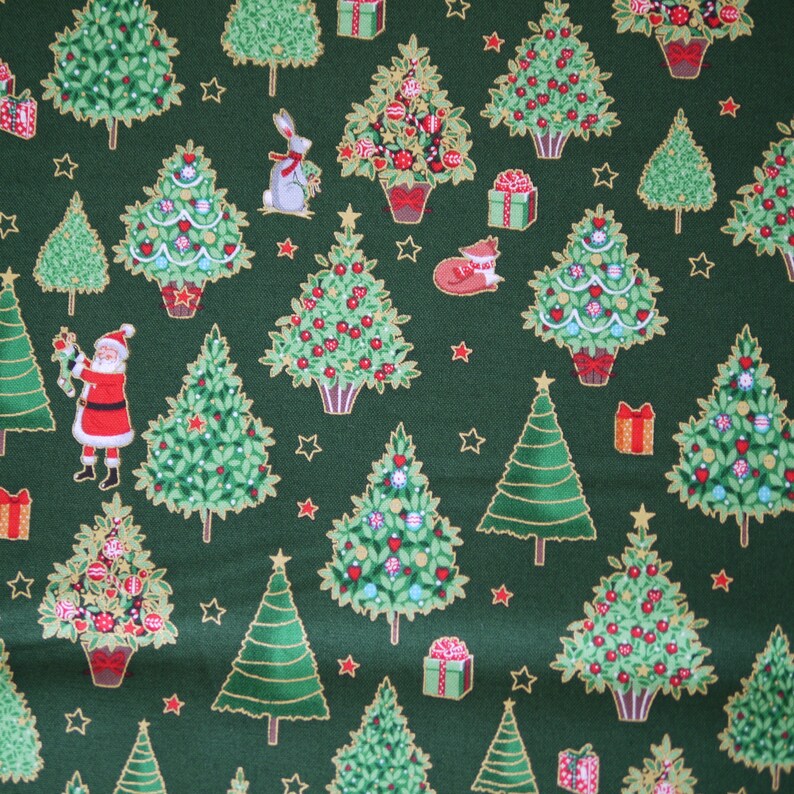 Makower patchwork fabric Merry Christmas Trees, Christmas fabric, Christmas, decorative fabric Christmas trees, gift packages, Santa Claus image 7